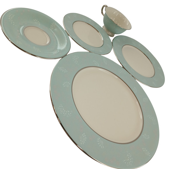 Castleton China “Corsage” Aqua Floral Dinnerware Set Of 5 Cup Plater Salad Bread - Picture 3 of 10